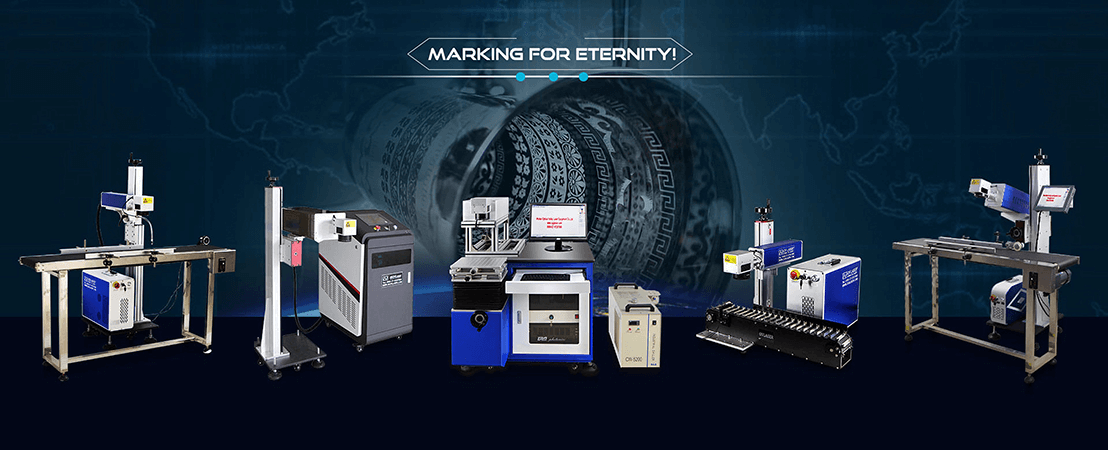 CO2 laser marking machine in action with laser beam marking on metal surface