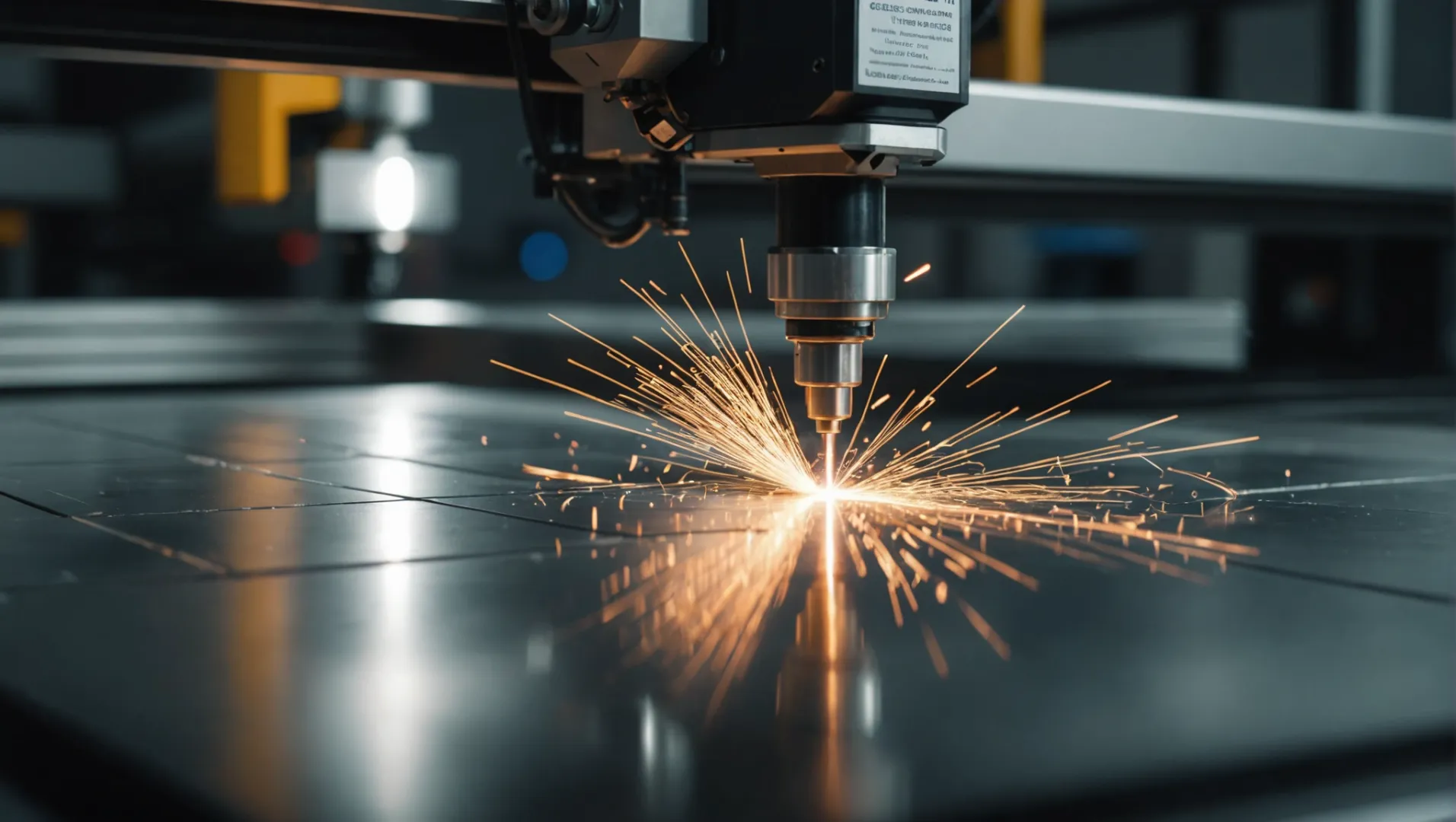 A close-up of a laser cutting machine using compressed air for a precise cut on metal sheet