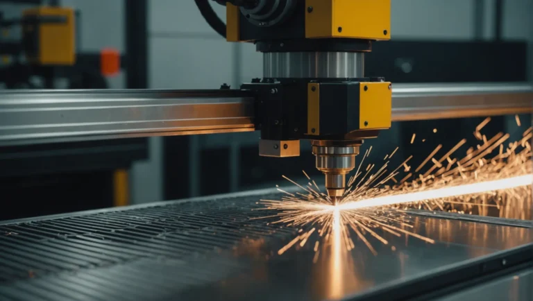 A high-powered fiber laser cutting machine in action, cutting through a thick sheet of metal.