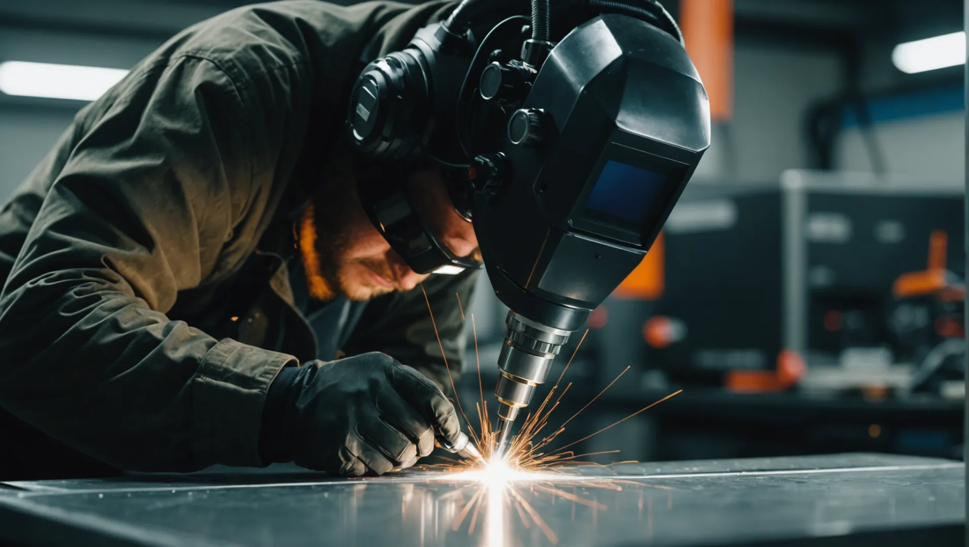 Technician using a handheld laser welding machine on a metal surface
