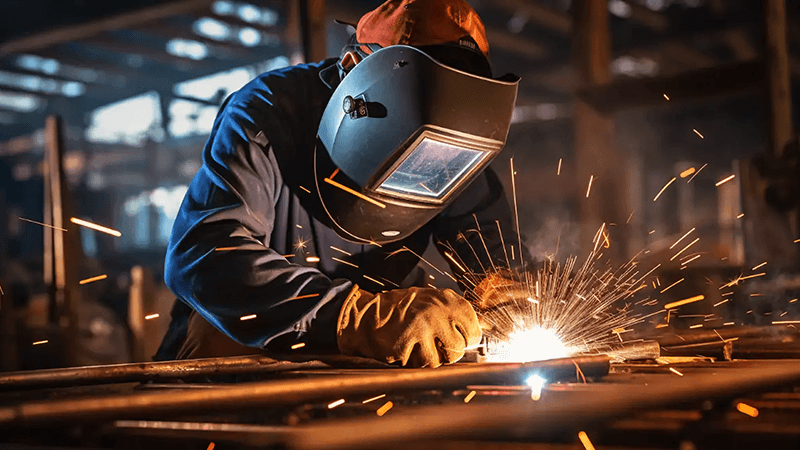 Welding worker in action with sparks